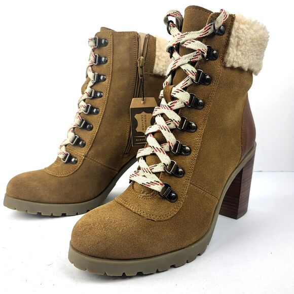 Crevo Joan Combat Boots Suede Faux Fur Heel Booties Tan Size 9 - Picture 1 of 15